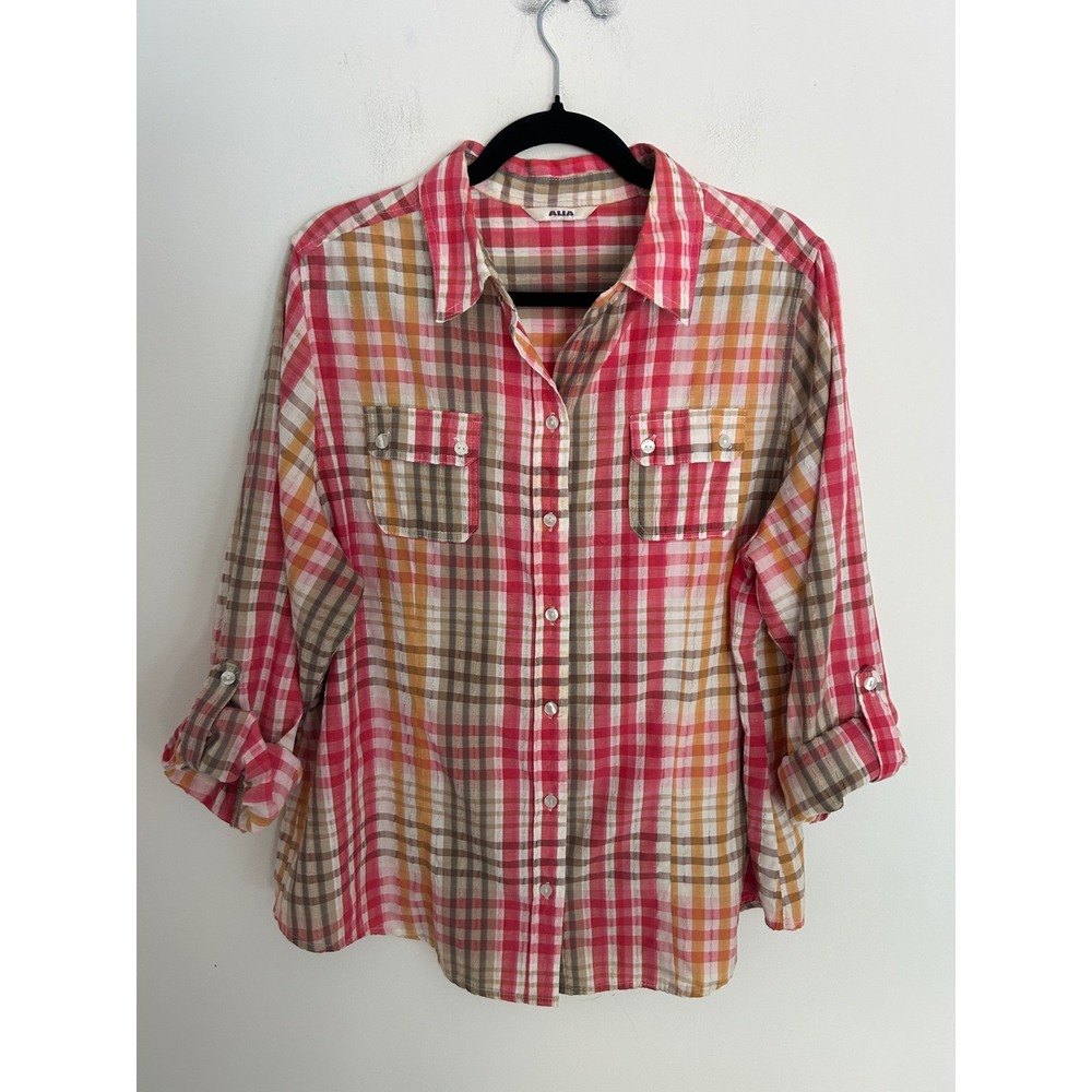 Alia Pink Plaid Button Down Shirt Womens 3/4 Roll Tab Sleeve Textured Blouse